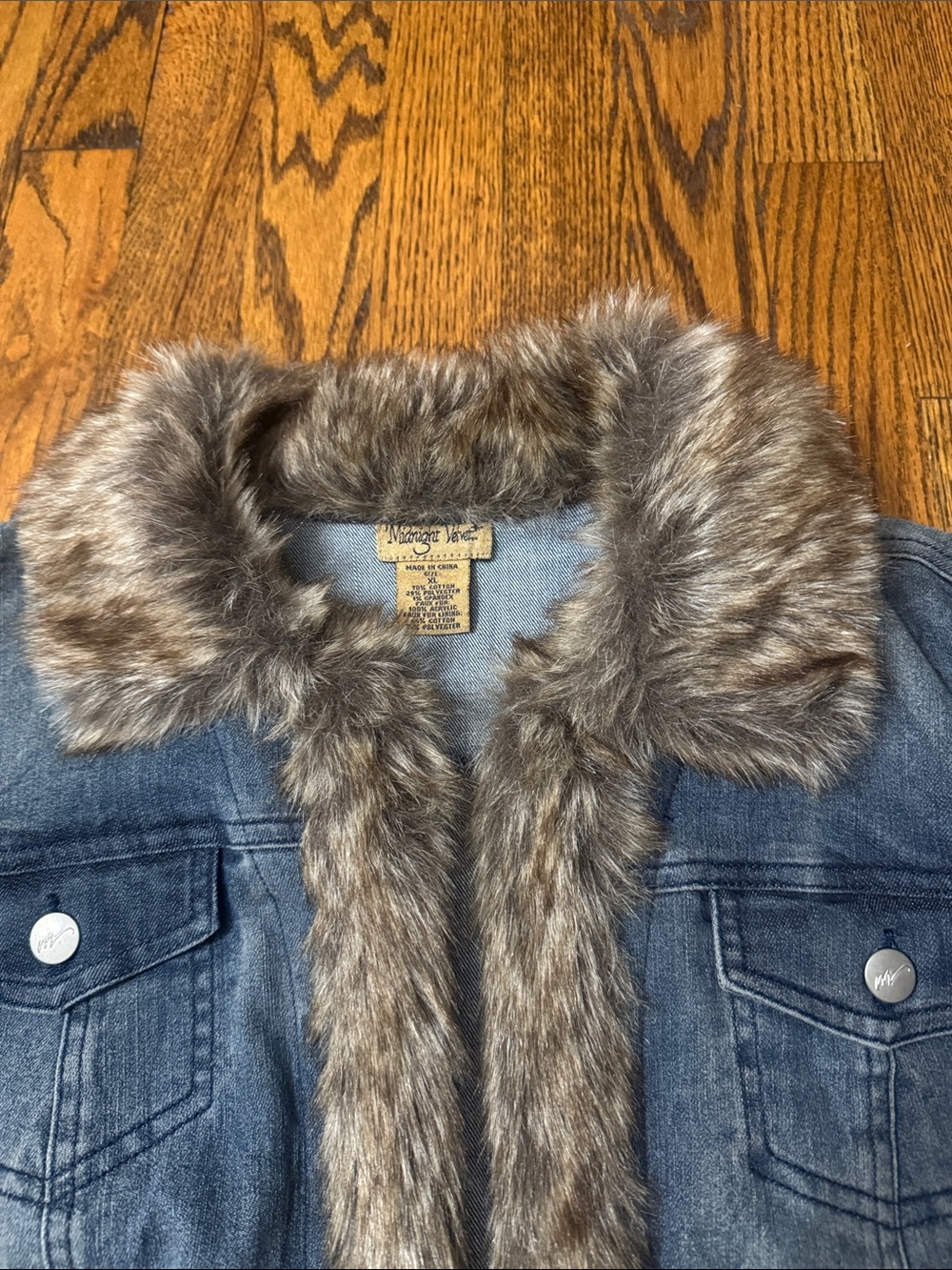 Y2K Midnight Velvet Faux Fur Trim Denim Jacket XL Boho Western Festival - Picture 4 of 11
